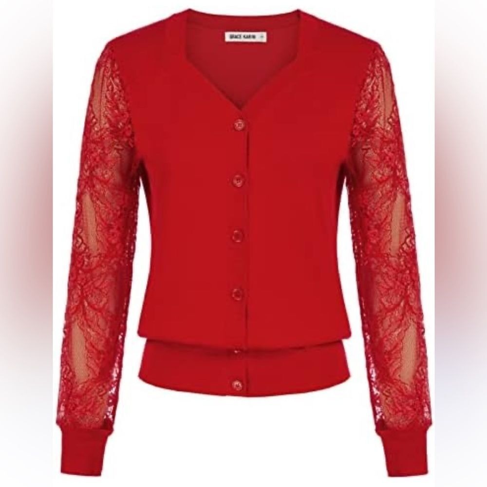GRACE KARIN Women's Red Lace Cardigan Sweater V Neck‎ Button Front NEW Small
